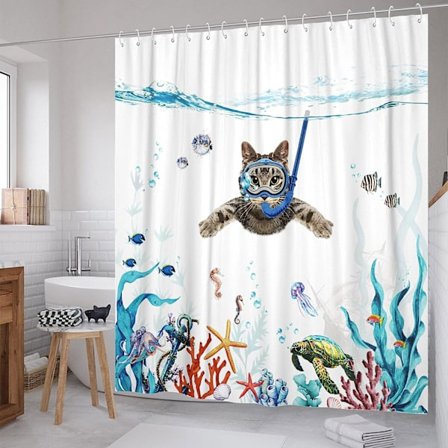 Blå Sjov Kat Bruseforhæng, 72'' × 72'' Sæt Teal Hav Ocean