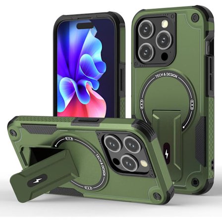 Magnetiskt iPhone-fodral med stativ, kompatibelt med MagSafe, robust inbyggt stativ, militärklassat fallskydd stötsäkert för iPhone