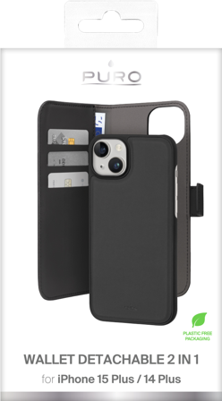 PURO iPhone 15 Plus eco-leather detachable wallet case, black