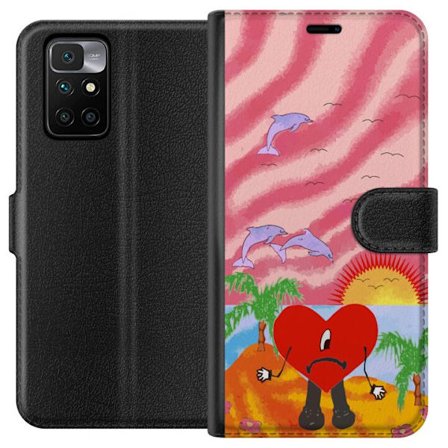 Kompatibelt Lommeboketui til Xiaomi Redmi 10 Bad Bunny i en fargerik quiltet jakke med hjertemønster og solbriller i moderne gatestil