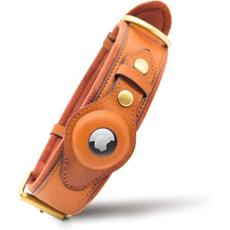 Halsbånd i lær med integrert AirTags-lokalisering, for veldig store, justerbare, brune raser