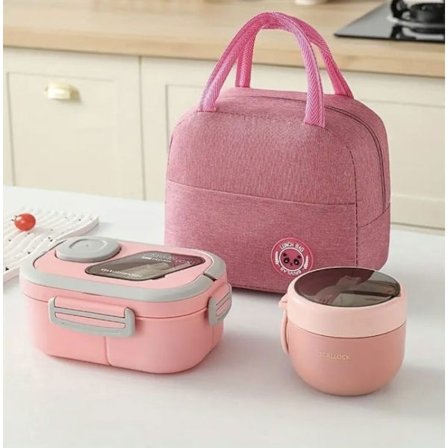 (pink) Madkasse med isoleret taske og bestik, 1200 ml + 600 ml Lunch Bento Box til voksne og børn, til picnic, arbejde, (pink)