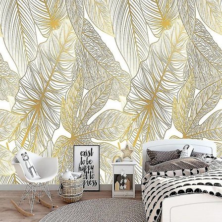 Tilpasset fototapet med gyldne tropiske planter, bananblad