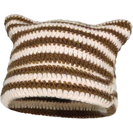 Kattøremøssa, Vinterlue, Strikket Baotou-lue, Strikket Lue med Kattører, Casual Vinterlue, Unisex Stripet Kattøremøssa (Risfarge)