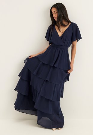 Goddiva - Flutter Chiffon Tiered Maxi Dress - Navy