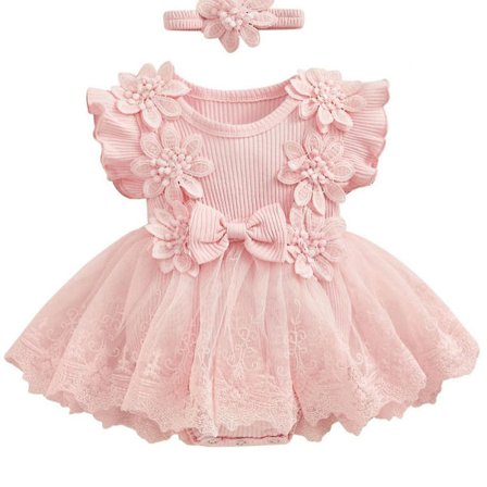 Vastasyntyneen vauvan tyttöjen kesävaatteet kukkakuvioinen pitsi rypytys hihaton Tutu mekko pääpanta 2 osainen asusetti -GSL FF ZD