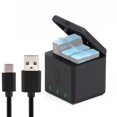 RUIGPRO USB-laddningsbox för tre batterier med kabel och indikatorlampa för GoPro HERO9 Black / HERO10 Black