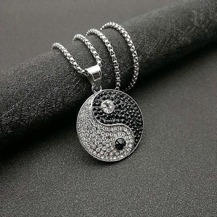 Hip Hop Iced Out Gossip Yin Yang Amulett Hänge & Kedja Guld Silver Färg Rostfritt Stål Rund Halsband För Kvinnor Män Smycken (Stålfärg, 50cm)