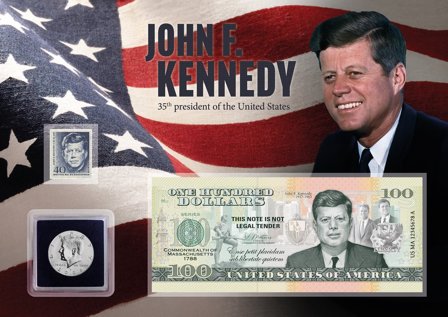 USA - John F. Kennedy - 1 mønt, 1 souvenir-pengeseddel og 1 frimærke