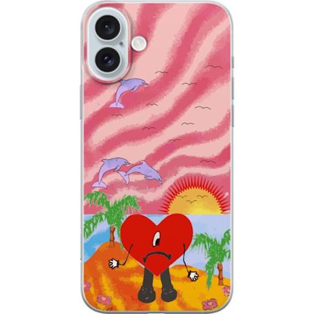 Kompatibelt Mobildeksel til Apple iPhone 16 Plus Bad Bunny i en fargerik quiltet jakke med hjertemønster og solbriller i moderne gatestil