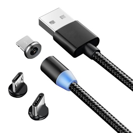 Magnetisk 3-i-1 ladekabel USB/Micro/Type-C/Lightning 1m Svart