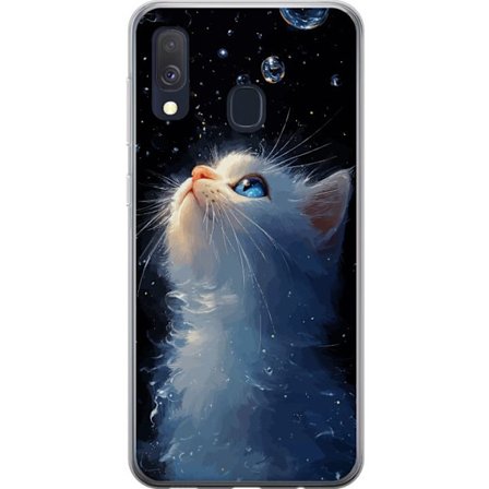 Kompatibelt Mobildeksel til Samsung Samsung Galaxy A40 Stjernekatte Drøm motiv med hvit katt som ser mot stjernehimmelen, magiskt drømmeaktig og nat