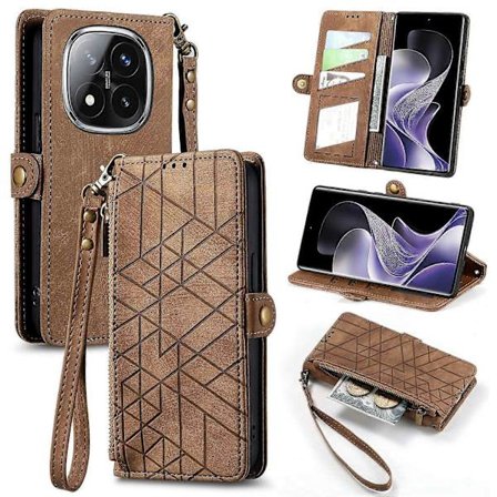 Telefondeksel i skinn med glidelåslommebok og geometriske linjer til Xiaomi Redmi Note 14 Pro 5G - Svart