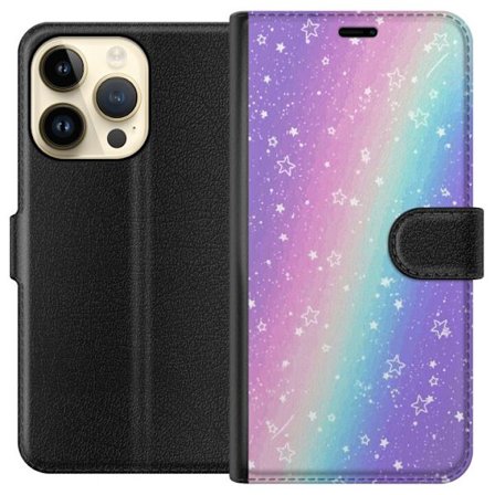 Kompatibelt Lommeboketui til Apple iPhone 14 Pro Rainbow-farget pastellbakgrunn med hvite stjerner og gnistrende prikker i myk overgang