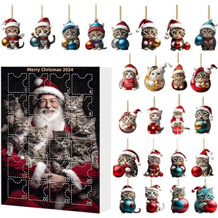 Katte Julekalender 2025, 24 Dages Jule Nedtællingskalender med Søde Katte Dukkelegetøj, Juledekoration