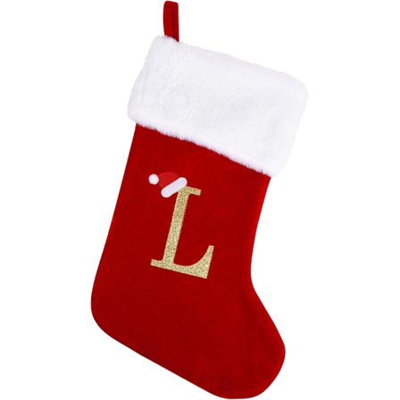 20-tommers julestrømpe med bokstavmønster, stor rød julestrømpe, egnet for juletre og feriepeisdekorasjoner (L)