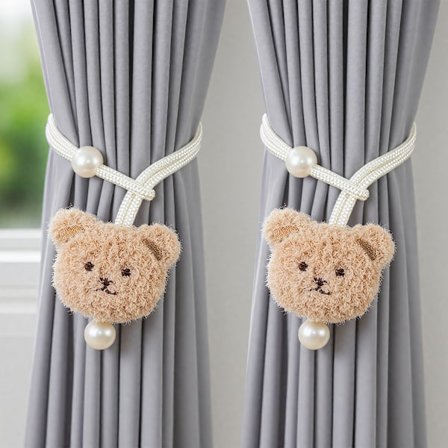 2 stk. Moderne minimalistiske 3D beige og brune bjørne med imiterede perledekorationer justerbare gardinbindere, ingen boring nødvendig polyester reb 