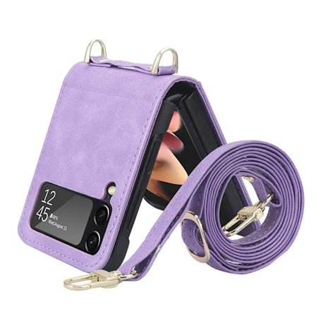 Kompatibelt Samsung Galaxy Z Flip 3 Plånboksfodral med Kortfack Rem PU Läder Crossbody Flip Fodral Kvinnor Lila