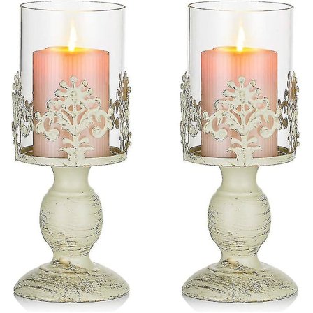 2 stk. Vintage Metal Pillar Lysestage Antik Hurricane Lysestage Med Glas Skærmdæksel Accent Display Til Hjem Bryllup Stearinlys Middag Dekor