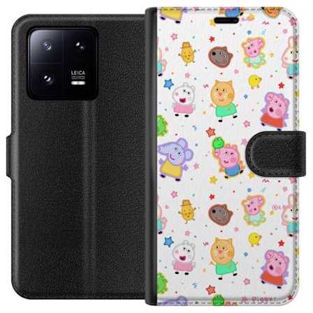 Kompatibelt Lommeboketui til Xiaomi 13 Pro Fargerike tegneserie dyrekarakterer i en leken stil med stjerner og prikker på en lys bakgrunn