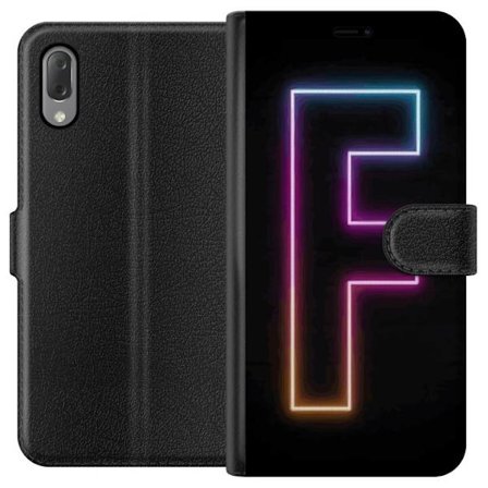 Kompatibelt Lommeboketui til Sony Sony Xperia L3 Neonbokstav F i rosa, blå og gule lyskanter mot en mørk bakgrunn, grafisk bokstavillustrasjon med e