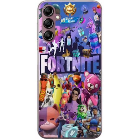 Yhteensopiva Puhelinkuori Samsung Samsung Galaxy A14 5G Fortnite kollaasi, jossa on ikonisia hahmoja, skinejä, Victory Royale ja vahvoja värejä, jo