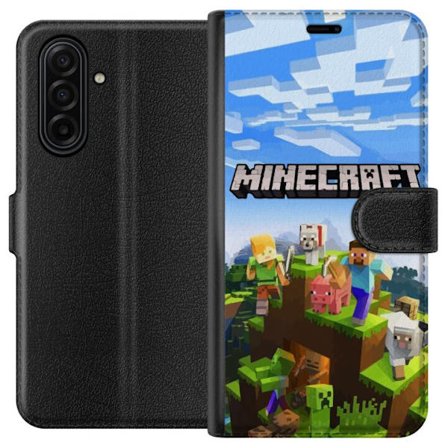 Kompatibel Tegnebogsetui til Samsung Galaxy A17 5G Minecraft eventyrklippe med Steve, Alex, dyr og mobs i klassisk blokstil, hvor hele verden samler s
