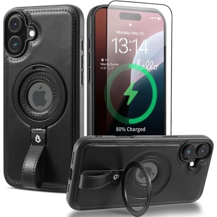 Magnetisk Ringgrepphållare för Mobilskal | Skyddande Mobilskal i Läder | Kompatibel med MagSafe | Inbyggt Ställ iphone 16plu