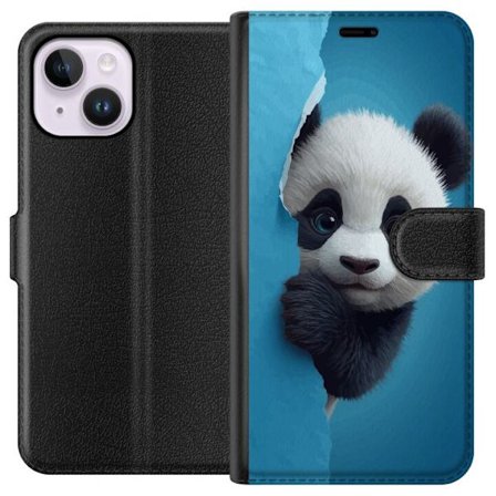 Kompatibelt Lommeboketui til Apple Apple iPhone 15 Plus Søt panda som ser ut gjennom papir i en myk 3D-illustrasjon