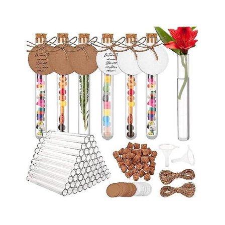 60 kpl koeputkia korkilla, 16x150mm (20ml), muoviset koeputket voimapaperietiketillä ja suppilolla