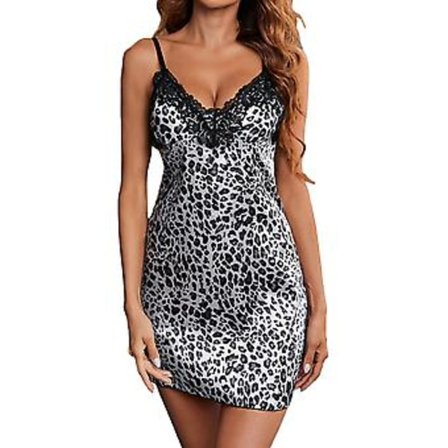Leopardmönstrad Spets Sexy Nattklänning Satin V-ringad Ärmlös Nattlinne Dam Nattklänning 3XL(XL Vit)