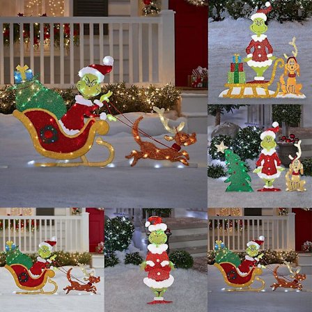 Grinch Julepynt Med LED-lys, Grinch Haveplader Med Pinde Til Julehave Græs Have Udendørs Grinchmas Whoville Dekorationer