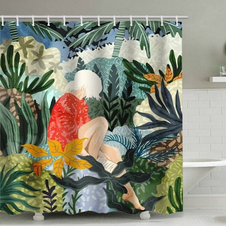Värikäs puu, kukka ja perhonen suihkuverho, pehmeät värit, vedenpitävä polyesterikangas, 12 koukulla, sopii kylpyhuonekäyttöön
