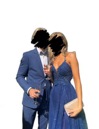 Marinblå glittrig balklänning med spets