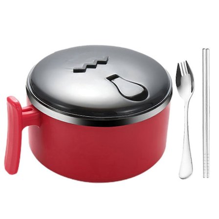 1000ML Rostfri Nudel Skål med Lock, Livsmedelsgodkänd, Läcksäker, Portabel för Skola/Sovsal - Röd