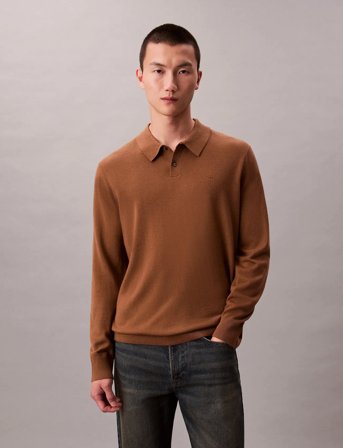 Calvin Klein Ls 100% Merino Polo 14Gg - Brown - XL