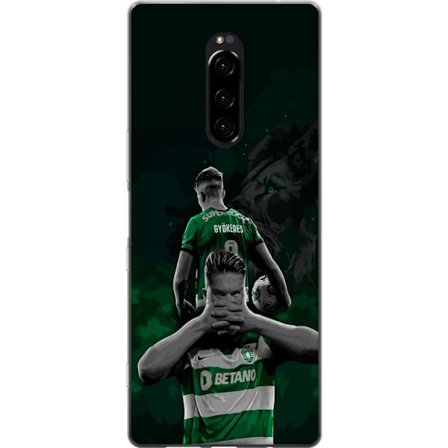 Yhteensopiva Puhelinkuori Sony Xperia 1 Neonmotiivi, jossa teksti "Gaming is in my DNA" sinisenä ja punaisena tiiliseinällä, jossa loistava DNA-spiraa