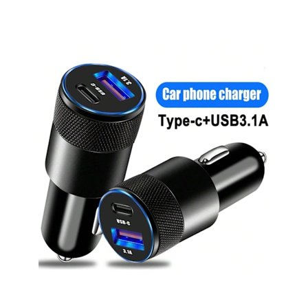 1Stk USB-C Hurtig Billader, 3.0 PD USB-C Billadapter 2Porte 3.1A USB Type C Bilstik Kompatibel med iPhone 15/14/13