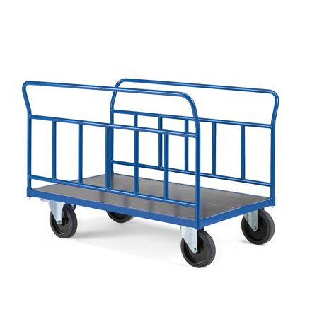 Plattformwagen TRANSFER, 2 lange Stahlseiten, 1200x800 mm, elastischer Gummi, mit Bremsen