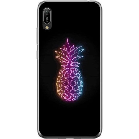 Yhteensopiva Puhelinkuori Huawei Huawei Y6 Pro (2019) Neonkuvitus ananaksesta värikkäässä valossa mustaa taustaa vasten