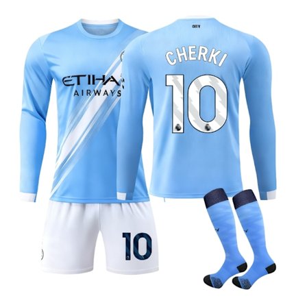 Manchester City CHERKI #10 2025/2026 Man City Langærmet Hjemmebanetrøje/Shorts/Sokker Sæt Ungdom/Voksen