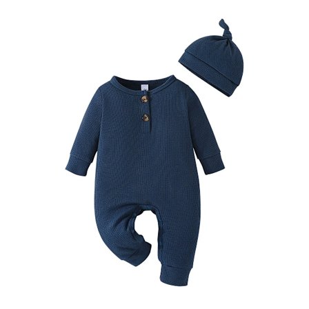 Bebis Kläder Set Spädbarn Pojkar Flickor Nyfödd Baby Sparkdräkt Mössa Ribbstickad Långärmad Knapp Enfärgad Body Jumpsuit
