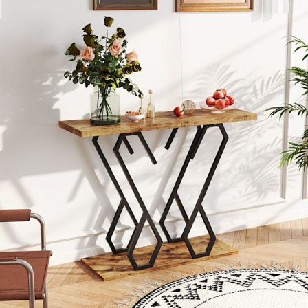 COSTWAY Konsolipöytä, Marmori Efekti 100 x 30 x 79 CM Kultainen Metallirunko Geometrinen Moderni Ruskea