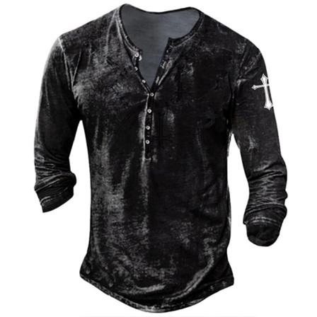 Enfärgade Knappar För Män Toppar Långärmad Henley Neck T-shirt