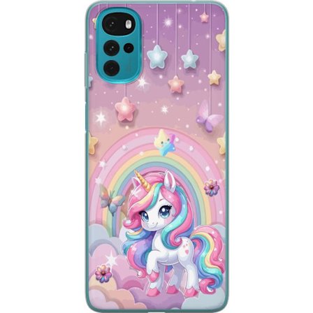 Kompatibel Mobilcover til Motorola Moto G22 Magisk enhjørning med regnbue manke, stjerner og sommerfugle mod en pastelfarvet himmel med skyer