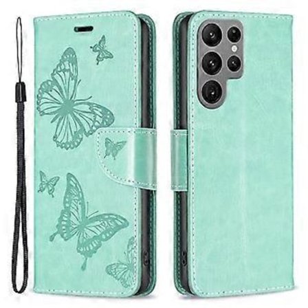 Etui for Samsung Galaxy S24 Ultra med sommerfugl-trykk, stativ og lommebok i skinn (Stil E)