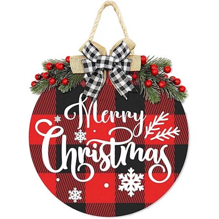 Juldekorationskrans, rutig hängande skylt rustik trä semesterinredning för ytterdörr, veranda, fönster inomhus och utomhusdekoration
