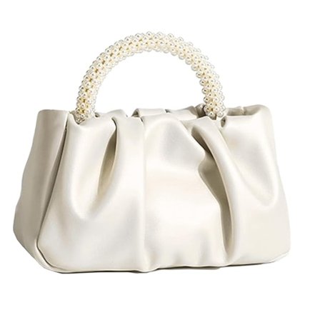Aftenpung Dame Lille Perle Håndtasker Blødt Læder Rynket Taske Bryllup Brude Clutch Fest Galla Crossbody Punge Hvid