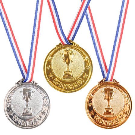 Medaljesæt, 6 cm hver, 3 podiemedaljer med halskæde, guld, sølv, bronze, trofæ, sejr, legetøj, sport, temafest, fødselsdag