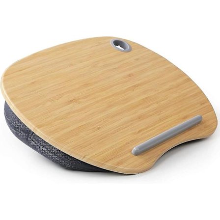 Laptopstativ med kudde och bambuplattform, knäbord med kabelhål och halkskyddsremsa, 15,6"